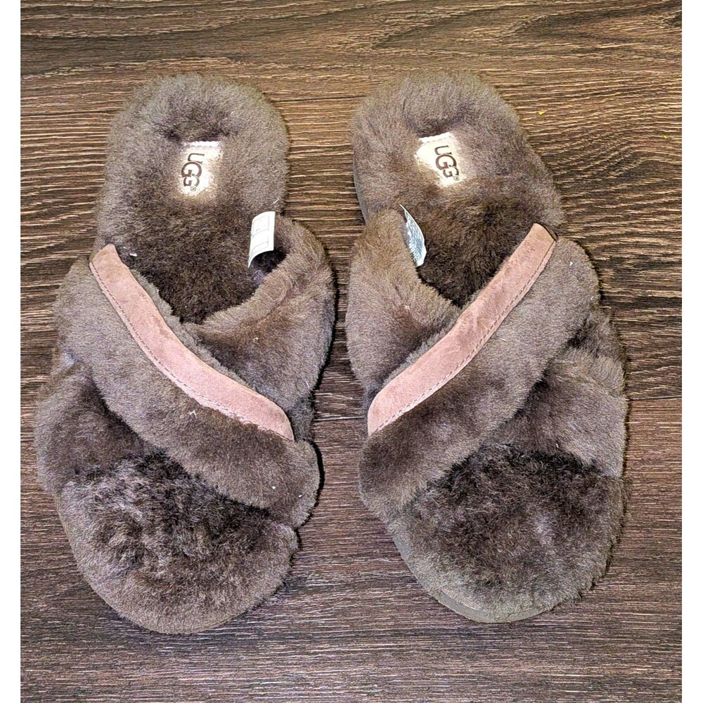 UGG Fluff Women’s Slide Slippers Gray Fur Lined Open Toe Slip On US 9